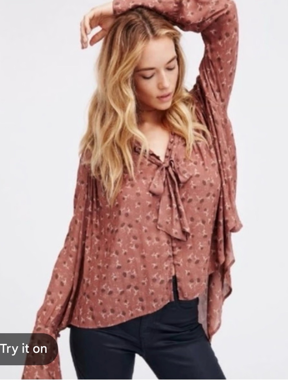 Free People Mauve Rose Printed Tie-Neck Blouse